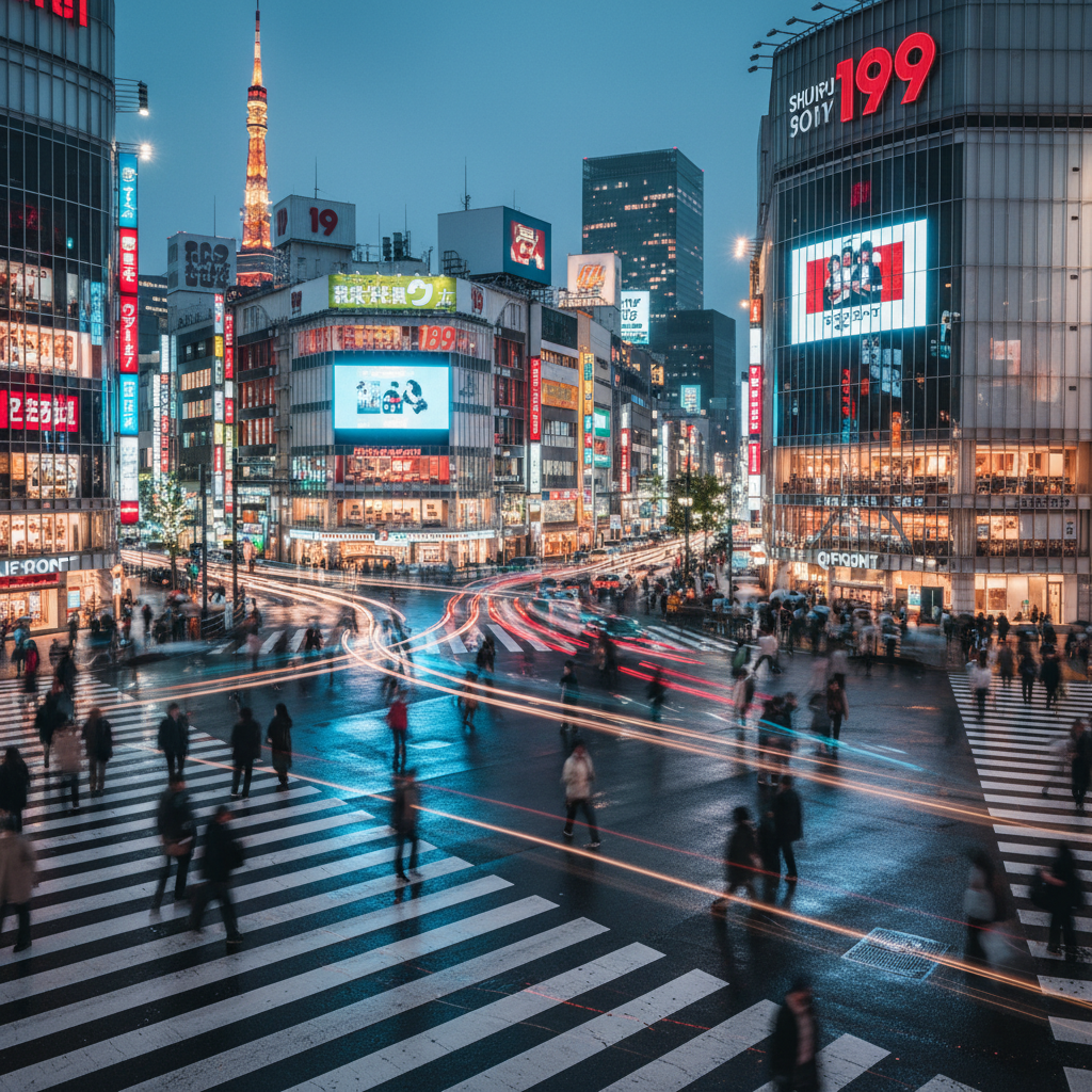 밤이 찾아온 도쿄 시부야 스크램블 교차로의 화려한 네온사인과 도시의 활기찬 움직임을 담은 장노출 사진