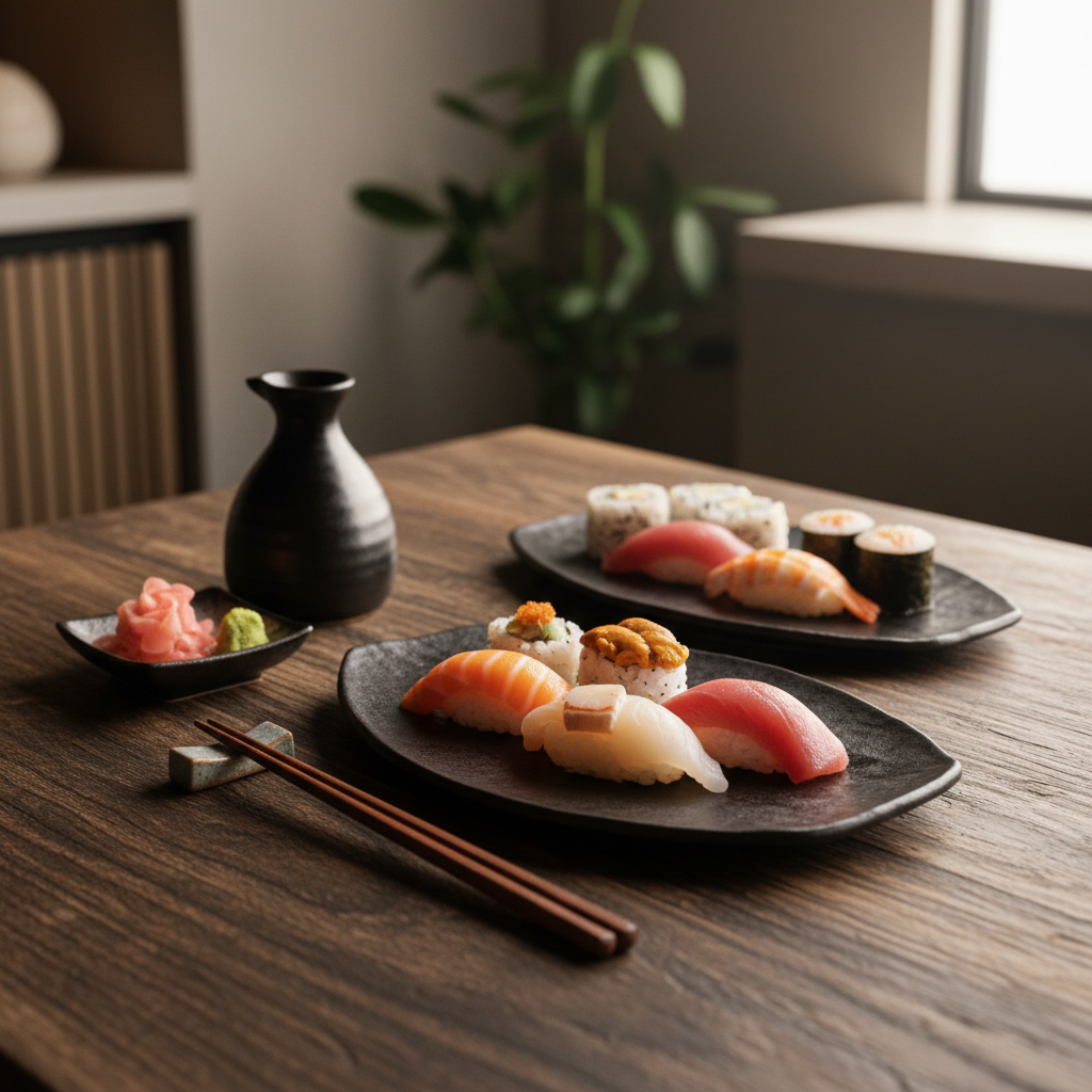 정갈하게 차려진 일본 정통 스시 세트와 나무 질감이 느껴지는 테이블, 은은한 실내 조명이 어우러진 미니멀한 음식 사진